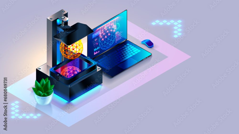 Aufkleber Photopolymer LCD 3d printer printed model of resin. 3d printer connection with laptop. 3d model on screen laptop in CAD system interface. Isometric illustration of 3d printer with laptop on desk.