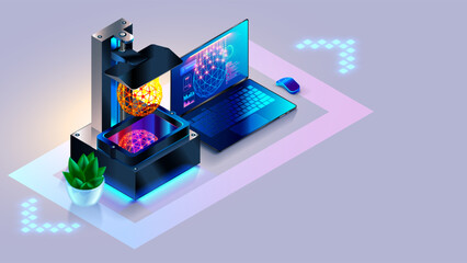 Photopolymer LCD 3d printer printed model of resin. 3d printer connection with laptop. 3d model on screen laptop in CAD system interface. Isometric illustration of 3d printer with laptop on desk.