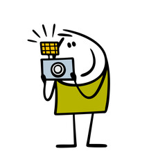 Joyful stickman takes photos of friends, a landscape or a city. Vector illustration of cartoon boy and an antique camera with a bright flash. Isolated doodle character on white background. - 680849745
