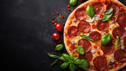 pizza italian with tomato sauce, Tasty pepperoni pizza and cooking ingredients tomatoes basil on black concrete background. Top view of hot pepperoni pizza. Banner.Space for text. Italian restaraunt - obrazy, fototapety, plakaty