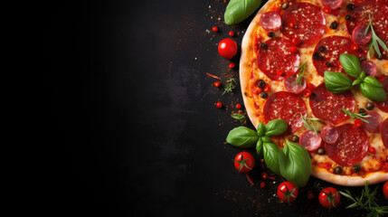 pizza italian with tomato sauce, Tasty pepperoni pizza and cooking ingredients tomatoes basil on black concrete background. Top view of hot pepperoni pizza. Banner.Space for text. Italian restaraunt