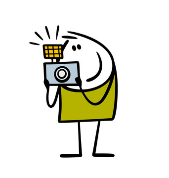 Joyful stickman takes photos of friends, a landscape or a city. Vector illustration of cartoon boy and an antique camera with a bright flash. Isolated doodle character on white background.