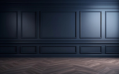 Navy blue wall mock up with copy space in classic style with brown parquet
