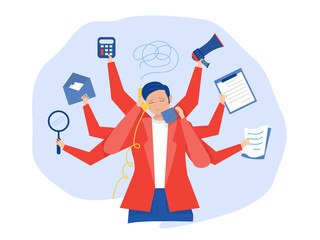 Multitasking man concept , Busy businessman multitask activities with many hands at office, Overworked, Workaholic,Time management  several objects concept illustration