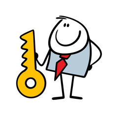 Satisfied stickman real estate agent stands and holds a golden key to a house or apartment. Vector illustration of hand drawn businessman in a business suit.