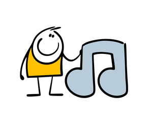 Funny cartoon boy artist embraces musical note. Vector illustration of cute boy stickman and sign from music and art on stage. Isolated hand drawn character and symbol on white background.