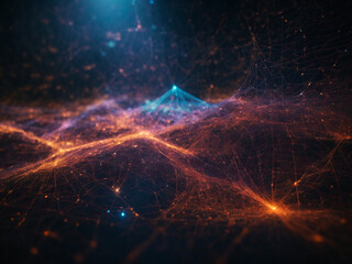 Digital artwork depicting a network of connections with nodes and fibers highlighted by dynamic strands of blue and golden light, creating a sense of movement and energy flow through the dark space.