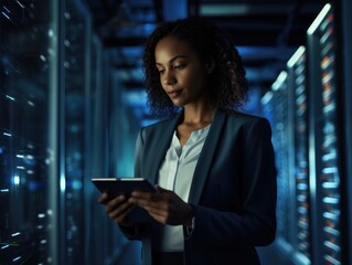 A young woman with a tablet computer stands in the middle of the server room and checks the operation of the servers and automation. Data storage and transmission. Cybersecurity.