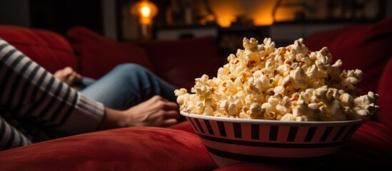 Popcorn snack while watching a movie on the couch at theater room. AI generated image - obrazy, fototapety, plakaty