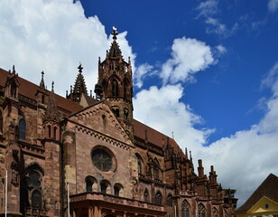 Fototapeta premium Historical Cathedral in the Old Town of Freiburg in Breisgau, Baden - Württemberg