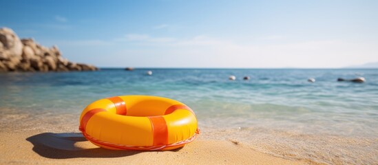 Fototapeta na wymiar Tropical beach with lifebuoy at sand at summer. AI generated image