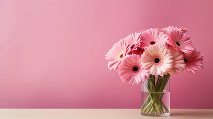 Poster A bouquet of pink gerbera flowers in a vase on a table with a pink wall background, creating a warm and inviting atmosphere.AI Generated. © 1st footage