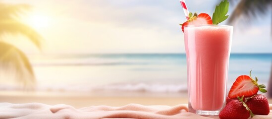 Fresh summer drink of strawberry juice on tropical beach background - obrazy, fototapety, plakaty