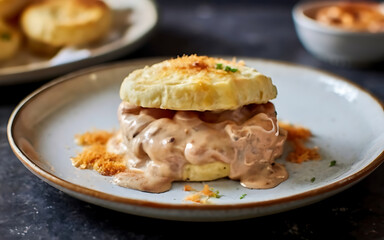 Capture the essence of Biscuits and Gravy in a mouthwatering food photography shot Generative AI