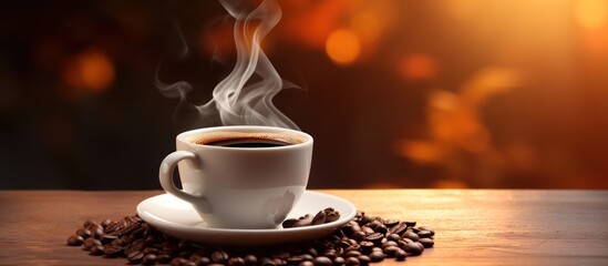Cup of hot coffee and beans on wooden table blurred background. AI generated - obrazy, fototapety, plakaty