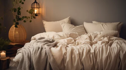 Foto op Canvas An ivory duvet quilt, soft and warm, lies invitingly on a bed in a cozy bedroom. It is a perfect way to prepare for the winter season, whether you are at home or staying at a hotel. AI Generated. © 1st footage