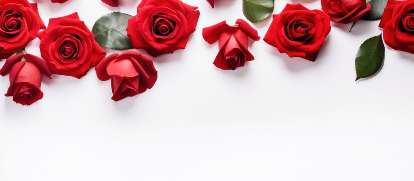Red roses flower copy space white background. AI generated image