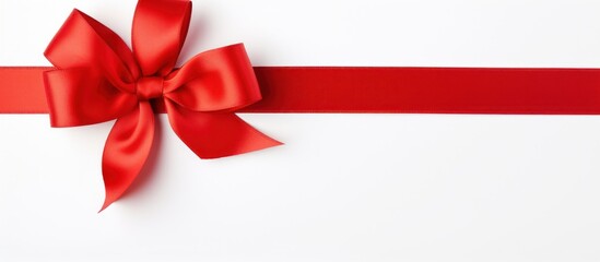 Red ribbon with bow and stars copy space on white background. AI generated image - obrazy, fototapety, plakaty