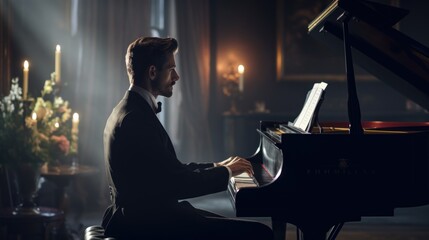 A man in a suit plays the piano. Playing a musical instrument.