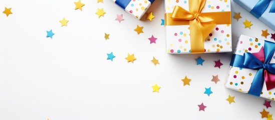 Gift box and colorful ribbon with stars copy space white background. AI generated