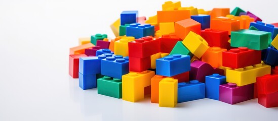 Colorful plastic blocks toy isolated on white background. AI generated image - obrazy, fototapety, plakaty