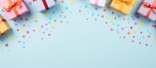 White gift box and colorful ribbon with stars copy space blue background. AI generated