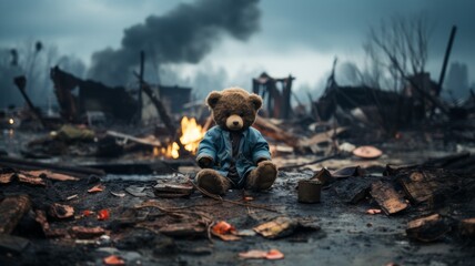 an abandoned and lost teddy bear in a war ruins - obrazy, fototapety, plakaty