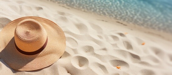 Fototapeta na wymiar Top view of sandy beach with summer hat on sunny day. AI generated image