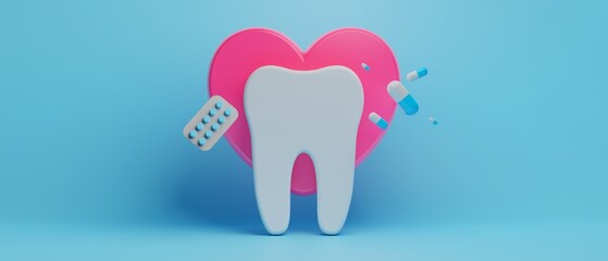 3d object illustration for dentist tooth with tools of medical health care for dental clinic hospital bussiness