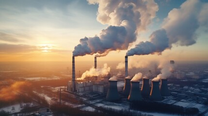 An enterprise, factory or thermal power plant produces environmental pollution with smoke and CO2. Environmental pollution and global warming.