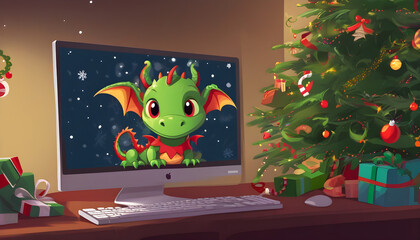 Christmas and new year postcard with cute dragon and monitor