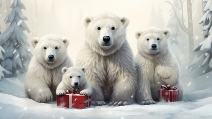 Group of polar bears with gifts in a snowy winter landscape