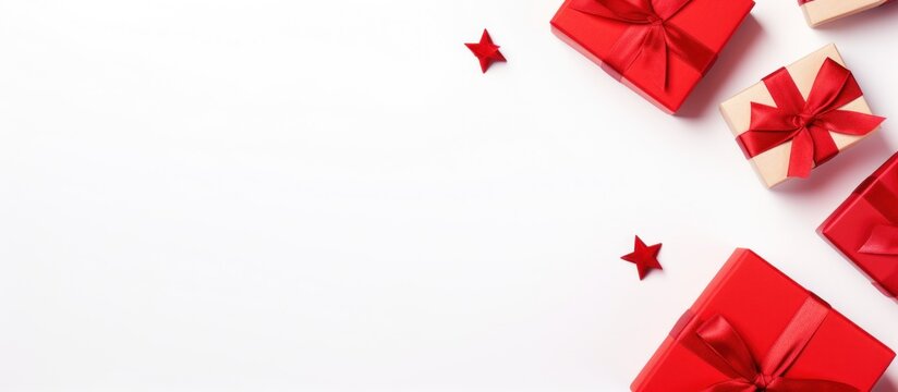 White gift box and red ribbon copy space white background. AI generated image