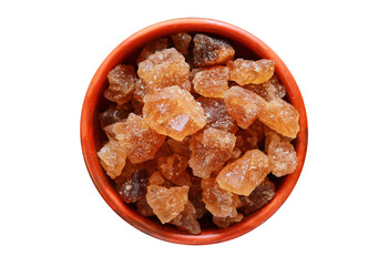 Cubes of organic palm tree rock sugar candy in a bowl isolated on a transparent background, Clipping path included