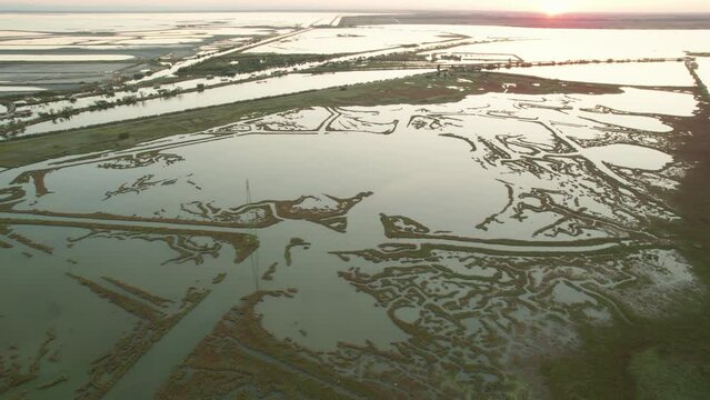 The Valli di Comacchio lagoon and wetland, Comacchio, Italy,  drone view during day