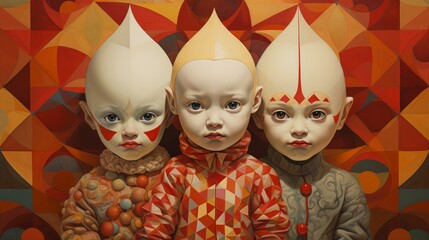 Surreal Trio of mystical Harlequin Children with Geometric Aura - Collectible Art Piece
