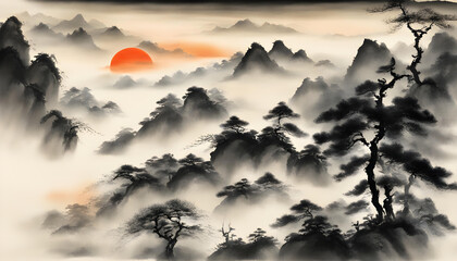 Sunrise landscape with misty forest in the ink painting.