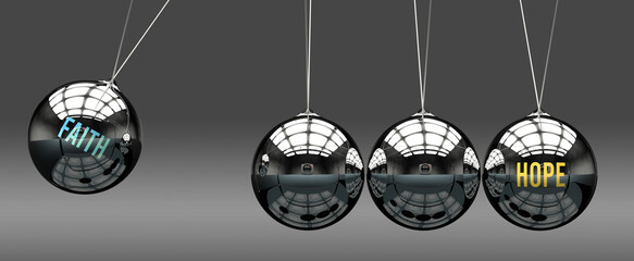 Faith leads to Hope. A metaphor in which faith initiates motion of hope and gives it energy. Cause and effect relation between faith and hope.,3d illustration