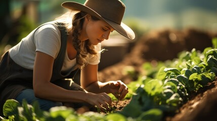 Organic farmer harvesting fresh vegetables on her farm - obrazy, fototapety, plakaty