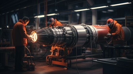 Rocket engineers building a rocket in an aerospace factory - obrazy, fototapety, plakaty