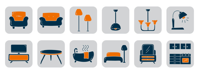 Hand drawn furniture flat icon design. Furniture doodle icon collections.