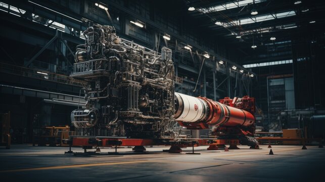 Rocket engineers building a rocket in an aerospace factory