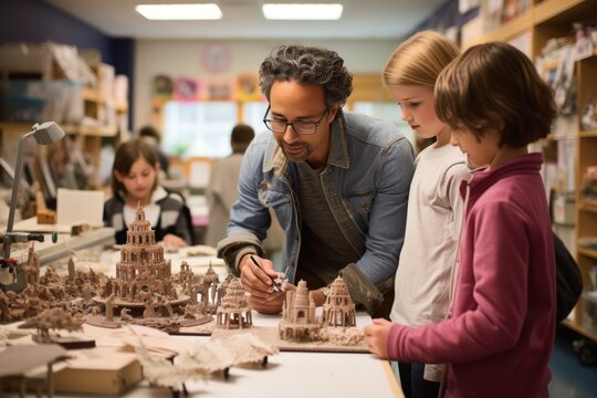 Students doing a creativity project with their teacher
