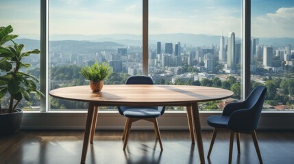 Wooden table and chair in office with panoramic city view large windows background.