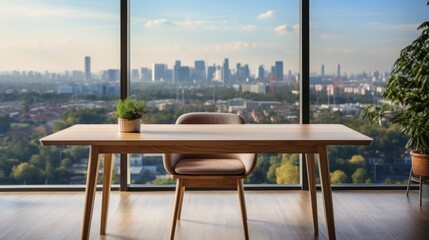 Fototapeta premium Wooden table and chair in office with panoramic city view large windows background.