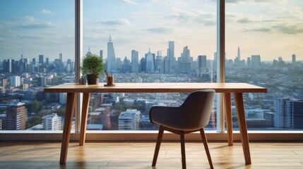 Naklejka premium Wooden table and chair in office with panoramic city view large windows background.