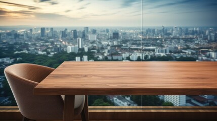 Fototapeta na wymiar Wooden table and chair in office with panoramic city view large windows background.