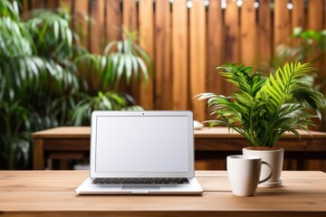 Wooden table with white laptop screen and a cup of coffee