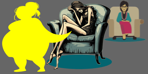 Illustration of anorexic thin lady who is afraid she is too fat at a psychotherapy session with doctor in the background - obrazy, fototapety, plakaty