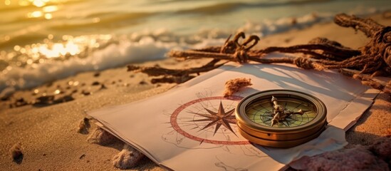 Old map paper with a compass on beach. AI generated image